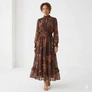 H&M Womens Dress Brown Floral Print Maxi Long Floaty Chiffon Long Sleeve Size 6